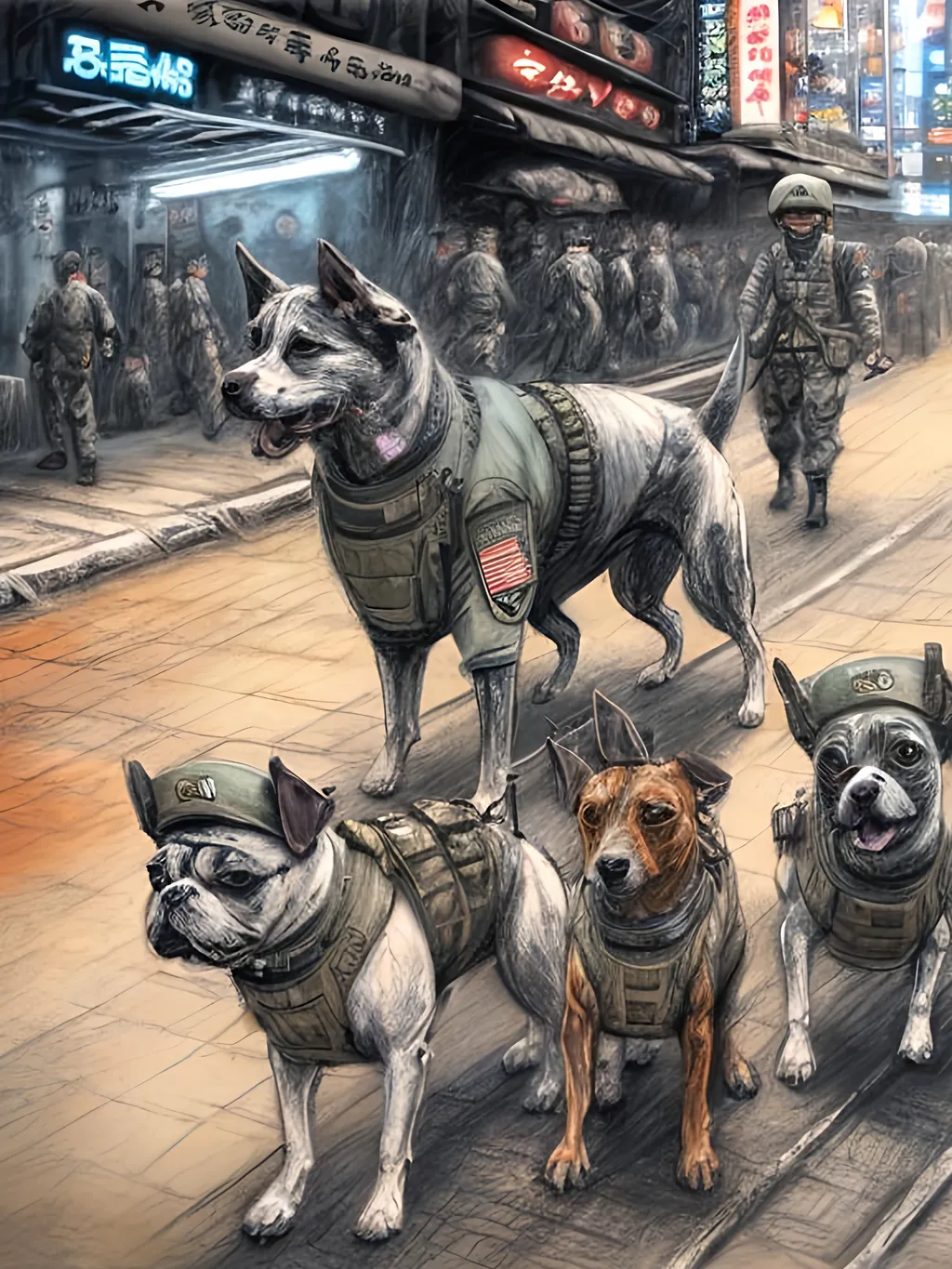 Prompt: chalk pastel art of a detailed dogs wearing military uniforms on the streets in cyberpunk japan during a festival, sketch, detailed background, highres, fun atmosphere, natural lighting,  abstract, fun