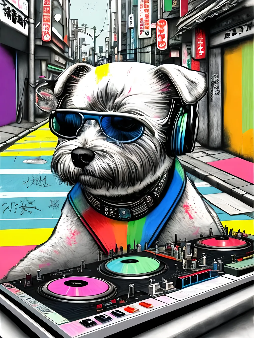 Prompt: pop art chalk pastel art of detailed dog DJing in the streets in Japan, sketch, detailed background, highres, fun atmosphere, natural lighting,  abstract, fun