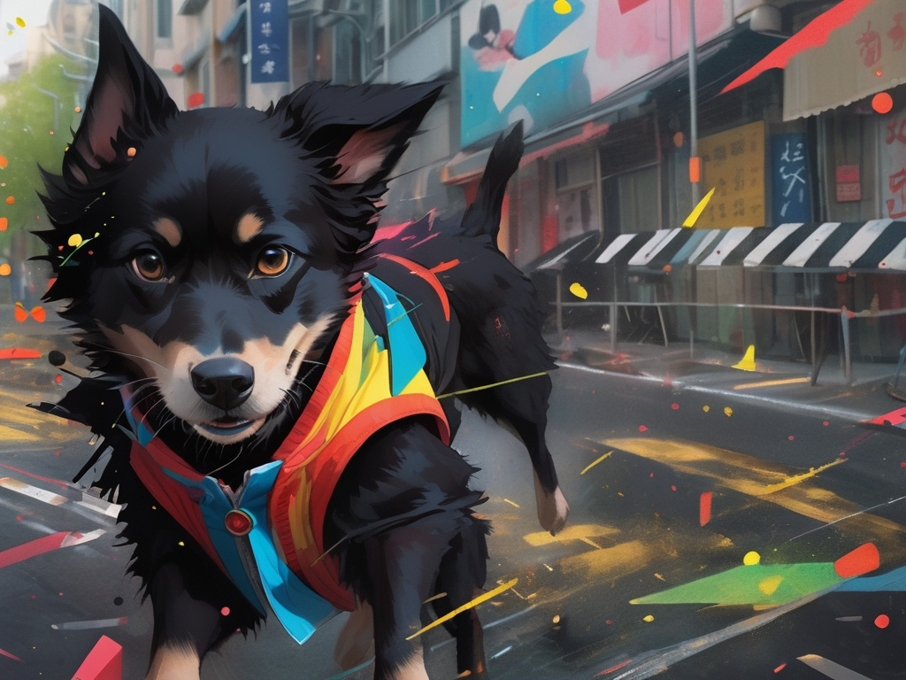 Prompt: black dog wearing ninja clothes having fun in the streets with a battle in the background, dogs, abstract art, Screen print, splash screen art, triadic colors, digital art, 8k resolution trending on Artstation, golden ratio, akira, symmetrical, rule of thirds, geometric bauhaus, Studio Ghibli, Anime Key Visual, by Makoto Shinkai, Deep Color, Intricate, 8k resolution concept art, Natural Lighting, Beautiful Composition