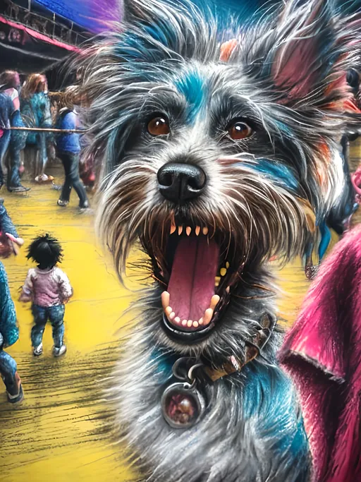 Prompt: Detailed happy dog at a circus, Japan festival, chalk pastel, grunge, highres, abstract, natural lighting, lively atmosphere, fun, vibrant, happy-go-lucky, detailed dogs, detailed eyes, detailed fur, festive, flying, post-apocalyptic, Japan, chalk pastel, detailed background, grunge style, abstract art, high quality, natural lighting