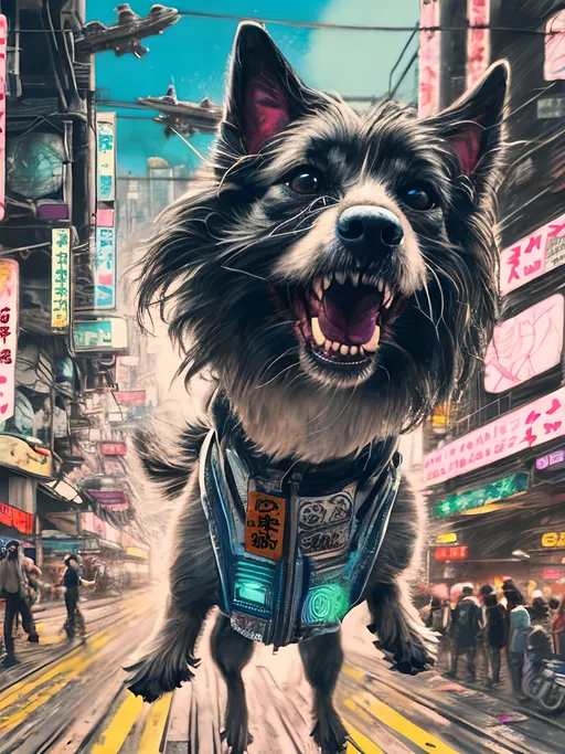 Prompt: Detailed happy dog flying in cyberpunk japan during a festival, sketch, chalk pastel, detailed planes in the background, grunge, highres, abstract, natural lighting, lively atmosphere, fun, detailed dogs, vibrant, happy-go-lucky