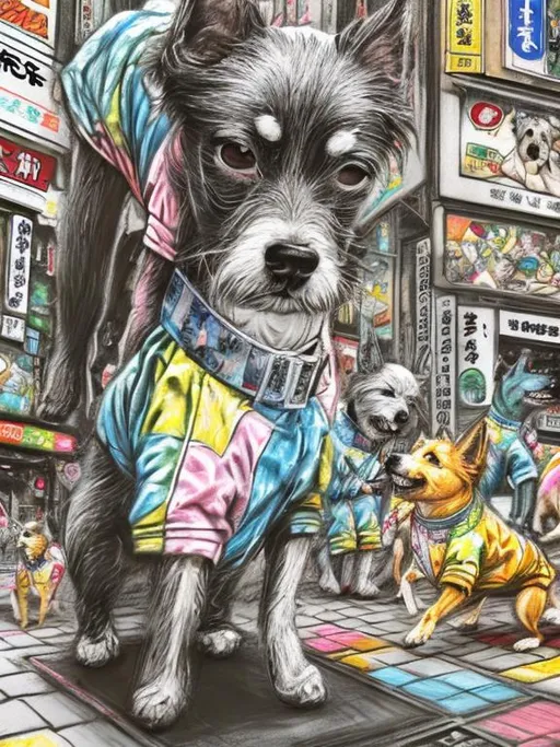 Prompt: pop art chalk pastel art of detailed dogs wearing clothes playing in the streets in japan during a festival, sketch, detailed background, highres, fun atmosphere, natural lighting,  abstract, fun