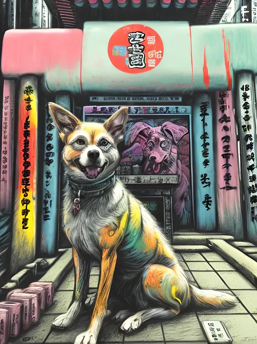 Prompt: pop art chalk pastel art of detailed dog at a shrine in cyberpunk japan, sketch, detailed background, highres, fun atmosphere, natural lighting,  abstract, fun