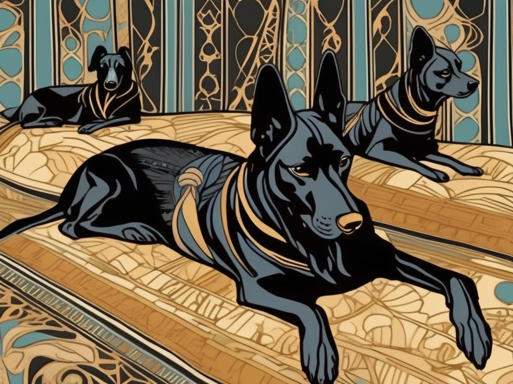 Prompt: Art Nouveau style black dogs in egyptian clothing