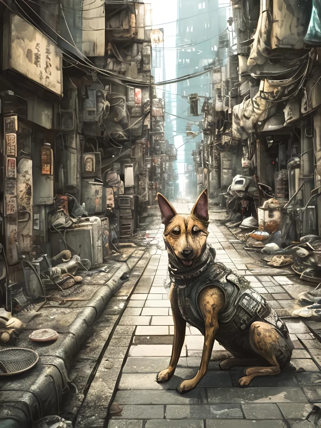 Prompt: chalk pastel style of a detailed dog in the streets in post-apocalyptic japan during a festival, sketch, detailed background, highres, fun atmosphere, natural lighting,  abstract, fun
