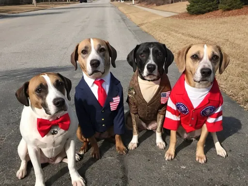 Prompt: black mountain cur dogs dressed in clothes as pro trump supporters