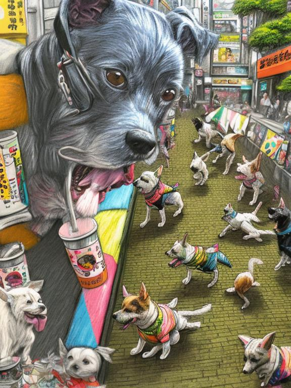 Prompt: pop art chalk pastel art of detailed dogs wearing clothes playing in the streets in japan during a festival, sketch, detailed background, highres, fun atmosphere, natural lighting,  abstract, fun