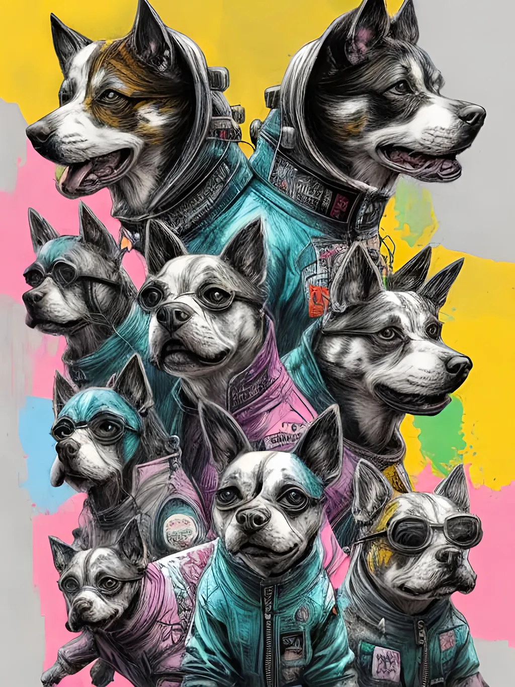 Prompt: pop art chalk pastel art of detailed dogs wearing gangster clothes playing in the streets in cyberpunk japan during a festival, sketch, detailed background, highres, fun atmosphere, natural lighting,  abstract, fun