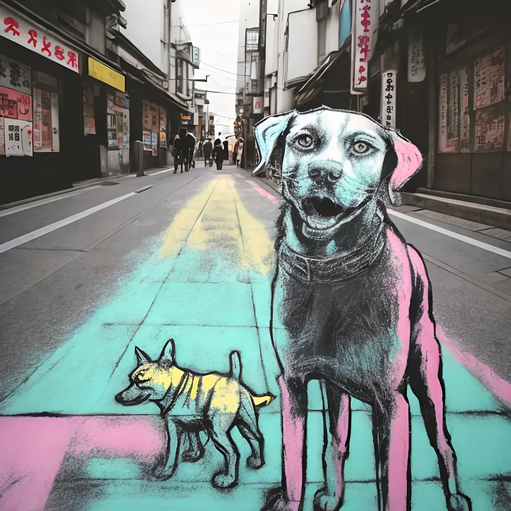 Prompt: pop art chalk pastel of a detailed grunge dog in the streets in japan, detailed background, natural lighting, highres, fun