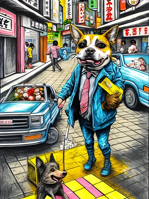 Prompt: pop art chalk pastel art of detailed dog robbing a bank in Japan, sketch, detailed background, highres, fun atmosphere, natural lighting,  abstract, fun