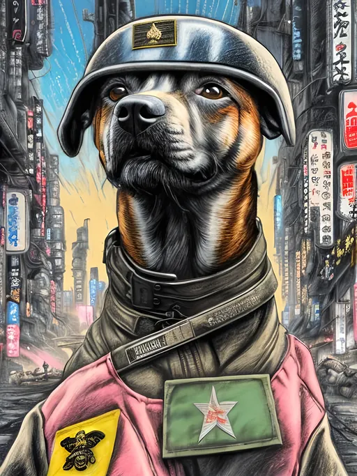 Prompt: pop art chalk pastel art of a detailed dog wearing a military uniform on the streets in cyberpunk japan during a festival with planes in the background, sketch, detailed background, highres, fun atmosphere, natural lighting,  abstract, fun