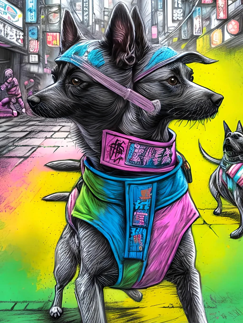 Prompt: pop art chalk pastel art of detailed dogs wearing ninja clothes playing in the streets in cyberpunk japan during a festival, sketch, detailed background, highres, fun atmosphere, natural lighting,  abstract, fun