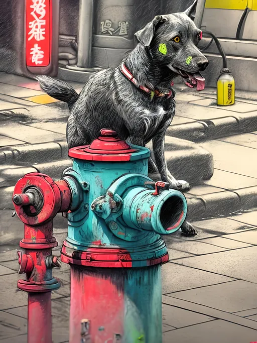 Prompt: pop art chalk pastel art of detailed dog peeing on a fire hydrant in cyberpunk japan during a festival, sketch, detailed background, highres, fun atmosphere, natural lighting,  abstract, fun