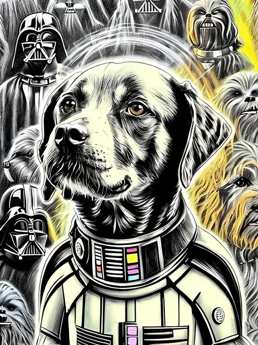 Prompt: pop art chalk pastel style art of detailed dog in star wars, sketch, detailed background, highres, fun atmosphere, natural lighting,  abstract, fun