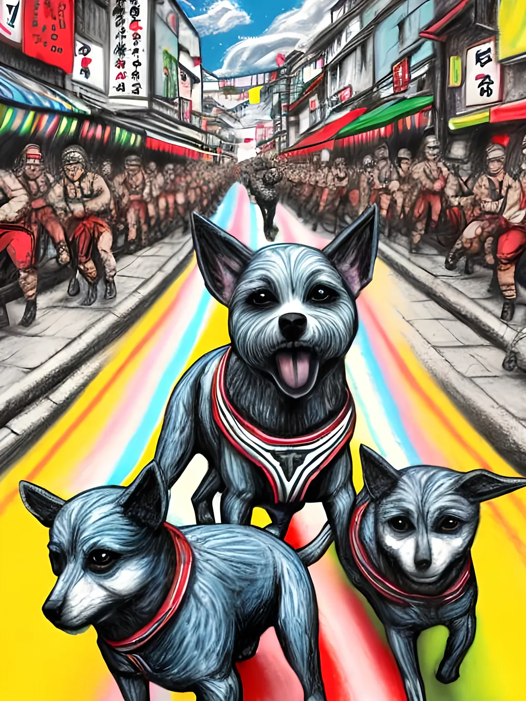 Prompt: pop art chalk pastel art of detailed dogs wearing nazi uniforms playing in the streets in japan during a festival, sketch, detailed background, highres, fun atmosphere, natural lighting,  abstract, fun