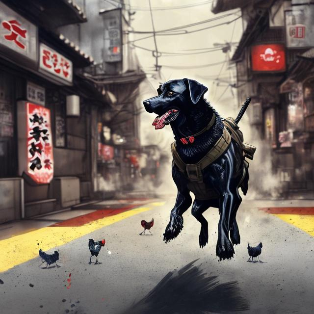 Prompt: a black dog wearing soldier clothes chasing a chicken in the streets in japan, sketch, detailed background, highres, fun atmosphere, natural lighting, pastel colors, abstract, fun