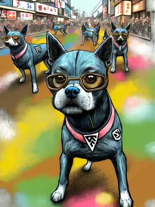 Prompt: pop art chalk pastel art of detailed dogs wearing nazi uniforms playing in the streets in japan during a festival, sketch, detailed background, highres, fun atmosphere, natural lighting,  abstract, fun