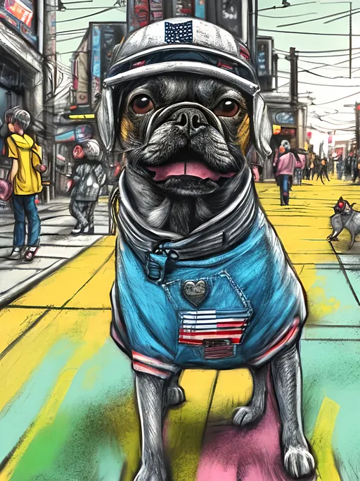 Prompt: pop art chalk pastel art of detailed dog wearing usa clothes playing in the streets in dystopian japan during a festival, sketch, detailed background, highres, fun atmosphere, natural lighting,  abstract, fun