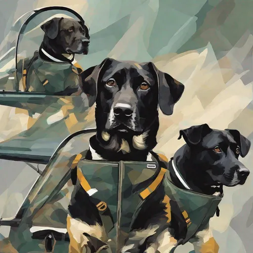 Prompt: mountain cur black dogs in pilot uniform abstract art