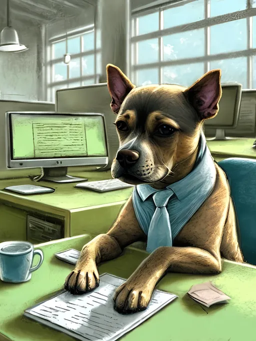 Prompt: chalk pastel style of a  detailed dog typing at a desk in an office, sketch, detailed background, highres, fun atmosphere, natural lighting,  abstract, fun