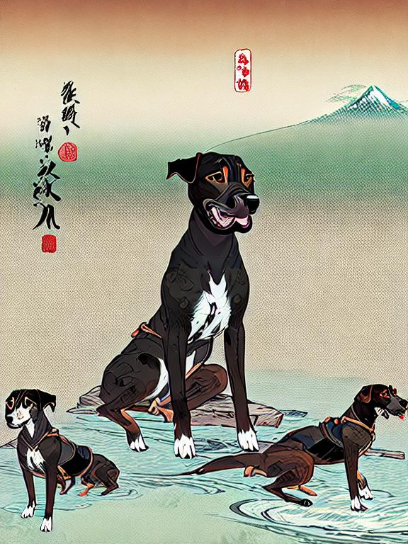 Prompt: black mountain cur dogs pooping in hiroshige wave 