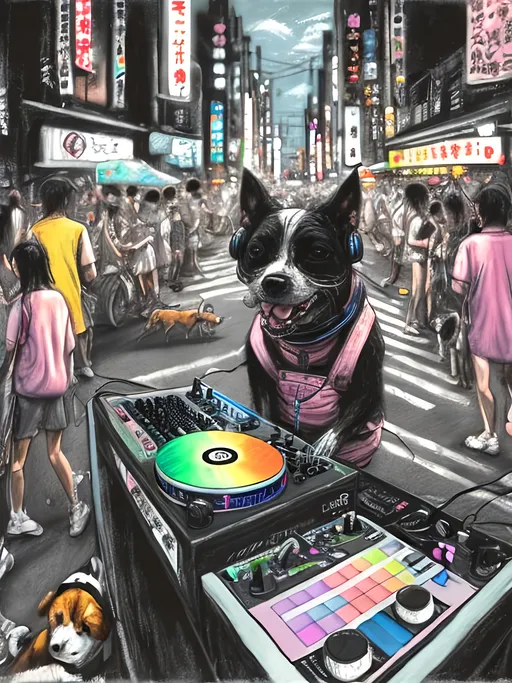 Prompt: chalk pastel art of detailed dog DJing in the streets in Japan during a festival, sketch, detailed background, highres, fun atmosphere, natural lighting,  abstract, fun