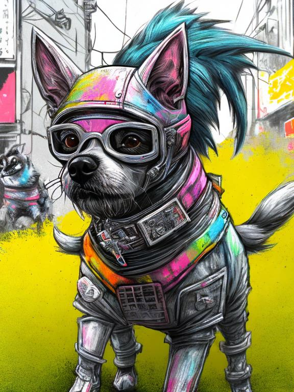 Prompt: pop art chalk pastel art of detailed dog wearing ninja clothes playing in the streets in cyberpunk japan during a festival, sketch, detailed background, highres, fun atmosphere, natural lighting,  abstract, fun