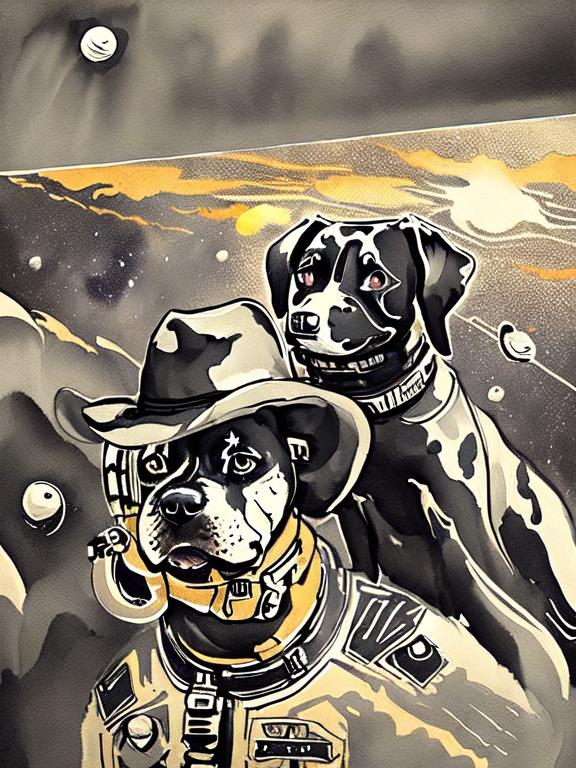 Prompt: Surrealism black dogs in cowboy outfits in space, abstract art style, cowboy hat, fun atmosphere, floating celestial bodies, mysterious nebulae, dreamlike, surreal, high contrast, otherworldly, abstract, space, astronaut, fun atmosphere, celestial bodies, dreamlike, surreal, high contrast, mysterious, nebulae, dogs, Pro trump clothing