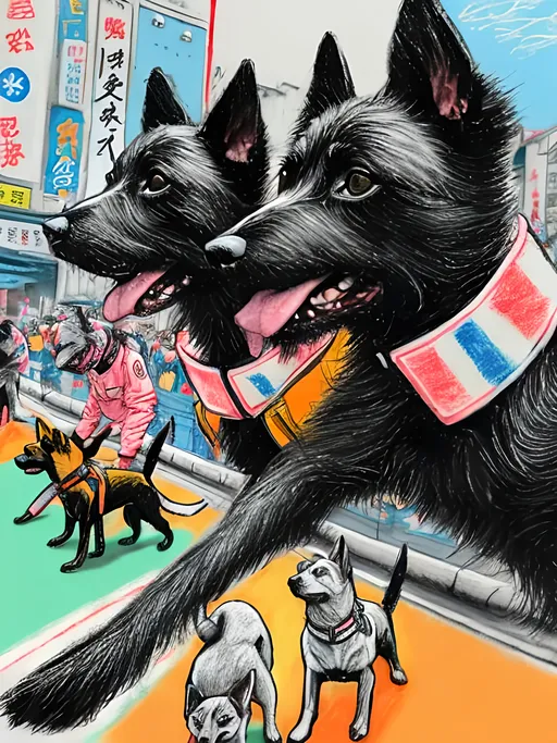 Prompt: pop art chalk pastel art of detailed dogs wearing pilot uniforms playing in the streets in japan during a festival, sketch, detailed background, highres, fun atmosphere, natural lighting,  abstract, fun