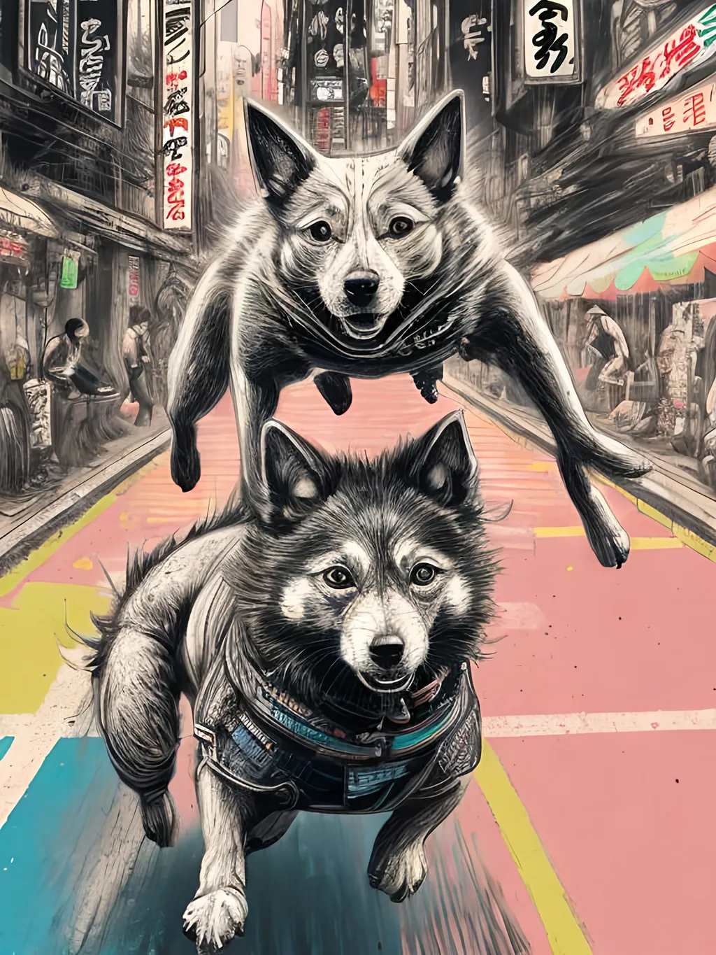 Prompt: pop art chalk pastel art of detailed dog doing parkour in cyberpunk japan during a festival, sketch, detailed background, highres, fun atmosphere, natural lighting,  abstract, fun