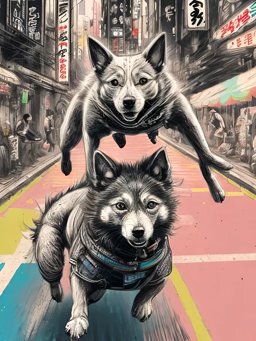 Prompt: pop art chalk pastel art of detailed dog doing parkour in cyberpunk japan during a festival, sketch, detailed background, highres, fun atmosphere, natural lighting,  abstract, fun