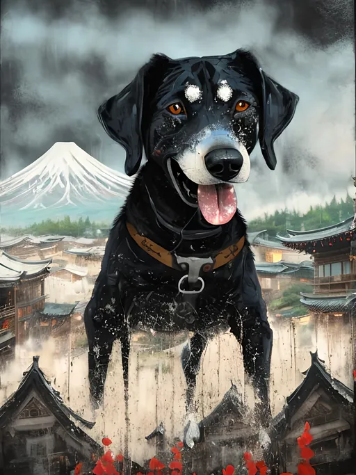 Prompt: Detailed mountain cur all black dog at a japanese haunted house, pop art chalk pastel, grunge, highres, abstract, natural lighting, lively atmosphere, fun, vibrant, happy-go-lucky, detailed dogs, detailed eyes, detailed fur, festive, flying, post-apocalyptic, Japan, chalk pastel, detailed background, grunge style, abstract art, high quality, natural lighting