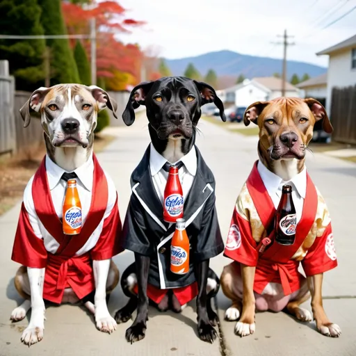 Prompt: black mountain cur dogs dressed like yakuza drinking soda