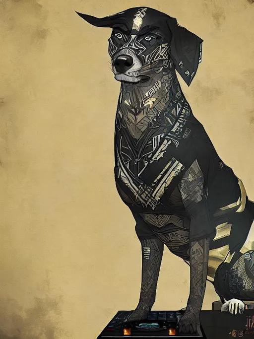 Prompt: all black mountain cur dog dressed as yakuza DJing