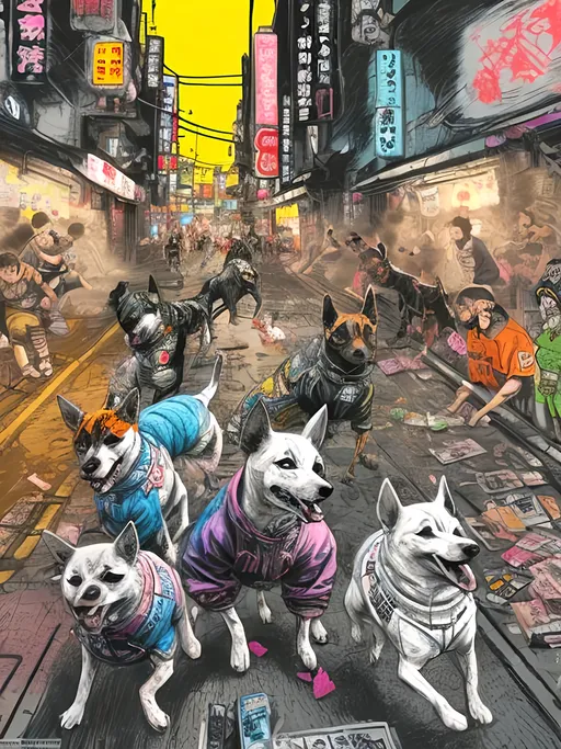 Prompt: pop art chalk pastel art of detailed dogs wearing gangster clothes playing in the streets in cyberpunk japan during a festival, sketch, detailed background, highres, fun atmosphere, natural lighting,  abstract, fun