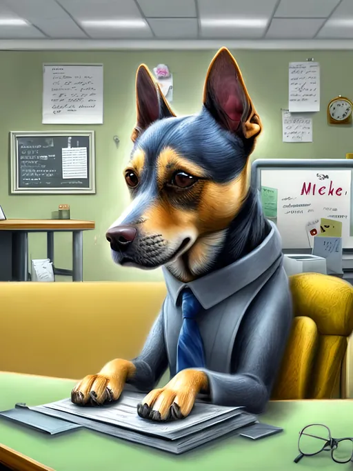 Prompt: chalk pastel style of a  detailed dog typing at a desk in an office, sketch, detailed background, highres, fun atmosphere, natural lighting,  abstract, fun