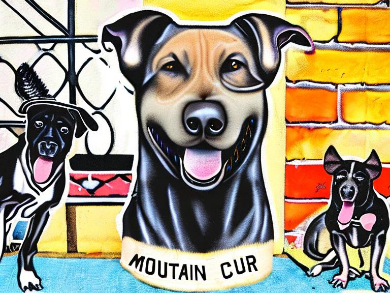 Prompt: mountain cur black dogs in gangster rappers clothing graffiti