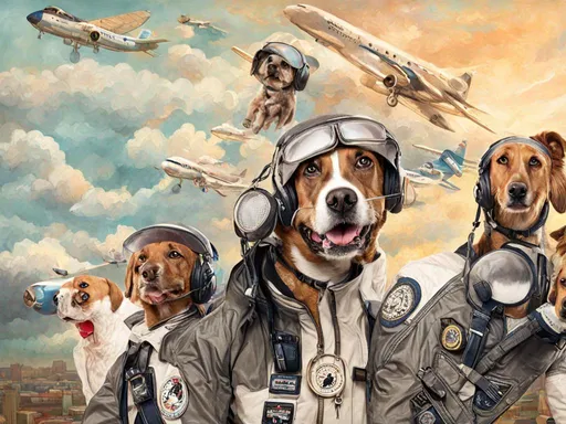 Prompt: black mountain cur dogs rap album dressed as airplane pilots