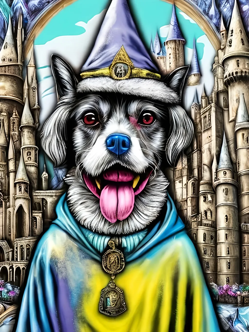 Prompt: pop art chalk pastel style art of detailed dog at hogwarts dressed in wizard robes, sketch, detailed background, highres, fun atmosphere, natural lighting,  abstract, fun