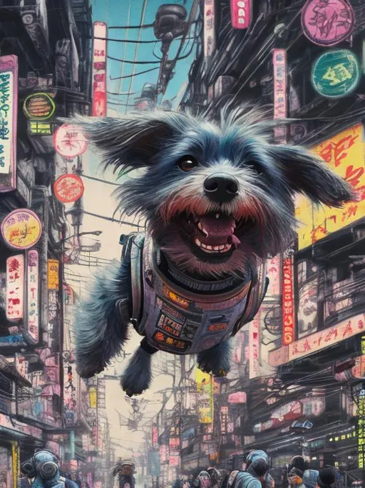 Prompt: Detailed happy dog flying in cyberpunk japan during a festival, sketch, chalk pastel, detailed planes in the background, grunge, highres, abstract, natural lighting, lively atmosphere, fun, detailed dogs, vibrant, happy-go-lucky