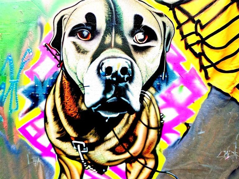 Prompt: mountain cur black dogs in gangster rappers clothing graffiti