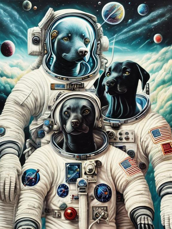 Prompt: Surrealism art, black dogs in astronaut outfits, space background, surrealistic, abstract, detailed fur, cosmic colors, dreamlike atmosphere, high quality, surrealism, astronaut dogs, abstract art, cosmic, detailed, surreal colors, space setting, dreamy lighting