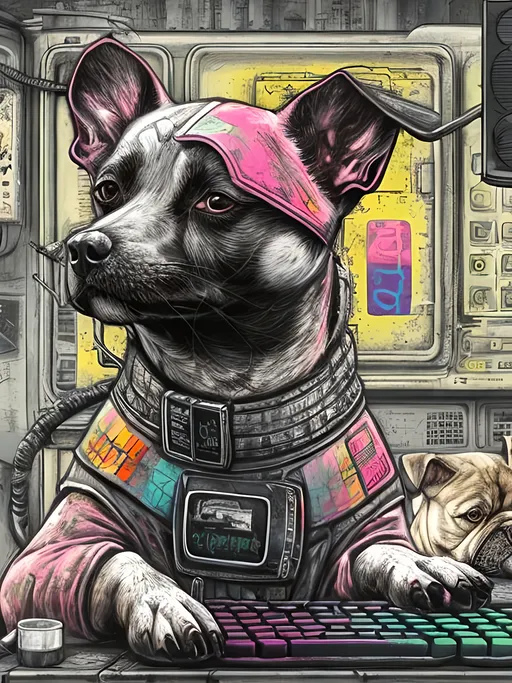 Prompt: pop art chalk pastel art of detailed dog hacking computers in post apocalyptic Japan, sketch, detailed background, highres, fun atmosphere, natural lighting,  abstract, fun