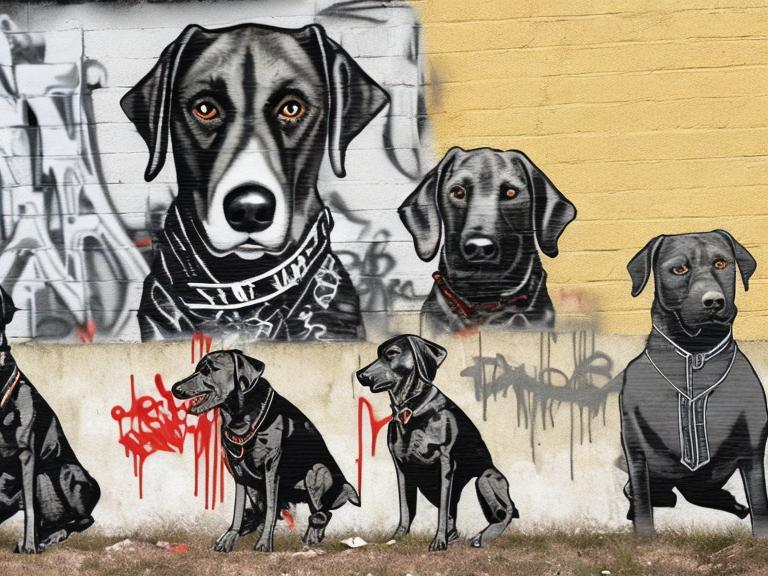 Prompt: mountain cur black dogs in gangster clothing graffiti