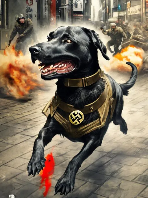 Prompt: a black dog wearing a nazi uniform chasing a chicken in the streets in japan, sketch, detailed background, highres, fun atmosphere, natural lighting, pastel colors, abstract, fun