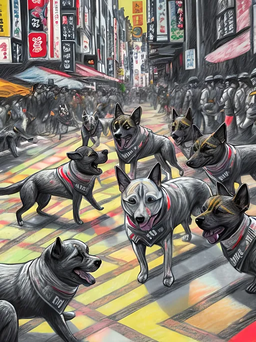 Prompt: pop art chalk pastel art of detailed dogs wearing nazi uniforms playing in the streets in japan during a festival, sketch, detailed background, highres, fun atmosphere, natural lighting,  abstract, fun