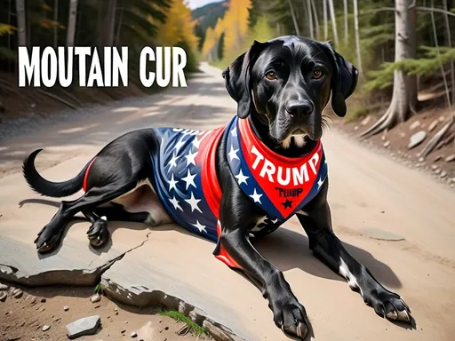Prompt: Mountain cur black dog in pro trump clothing abstract art style