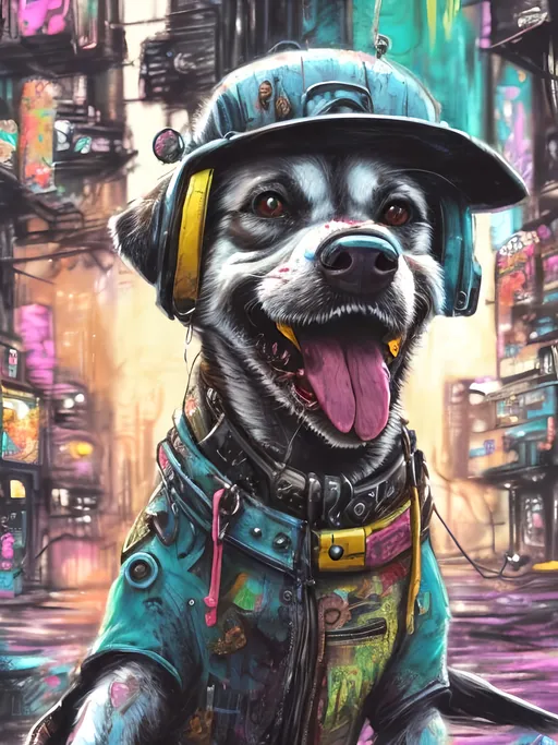 Prompt: Detailed happy dog wearing clothes dumpster diving during a festival, sketch, chalk pastel, detailed cyberpunk city background, grunge, highres, abstract, natural lighting, lively atmosphere, fun, detailed dogs, vibrant, happy-go-lucky