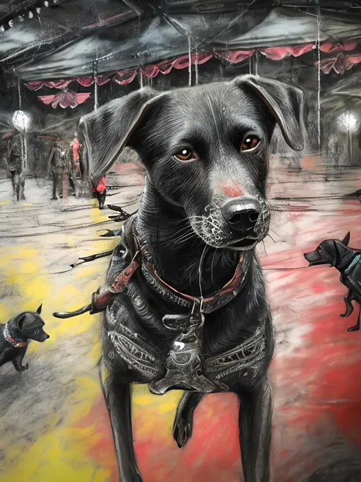 Prompt: Detailed mountain cur all black dog at a circus, Japan festival, chalk pastel, grunge, highres, abstract, natural lighting, lively atmosphere, fun, vibrant, happy-go-lucky, detailed dogs, detailed eyes, detailed fur, festive, flying, post-apocalyptic, Japan, chalk pastel, detailed background, grunge style, abstract art, high quality, natural lighting