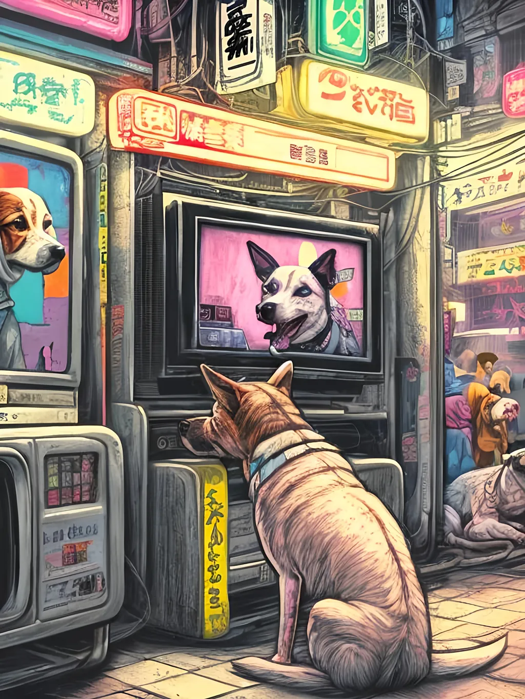 Prompt: pop art chalk pastel art of detailed dog watching tv in the streets in cyberpunk japan during a festival, sketch, detailed background, highres, fun atmosphere, natural lighting,  abstract, fun